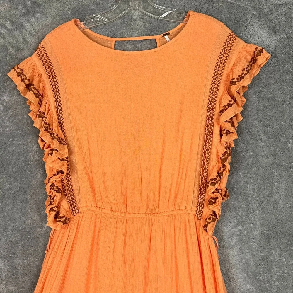 Free People Weekend Brunch Mini Dress Womens M Orange Embroidered Boho